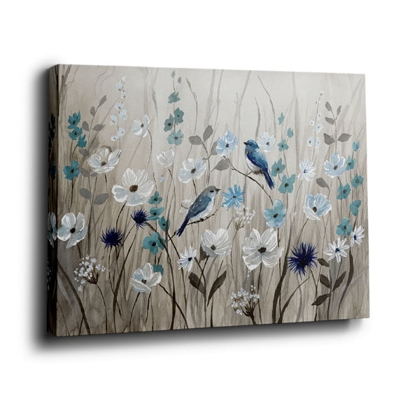 Soft Blue Bird & Floral Canvas Wall Art (Neutral Nature Tone) Ready to Hang for Bedroom