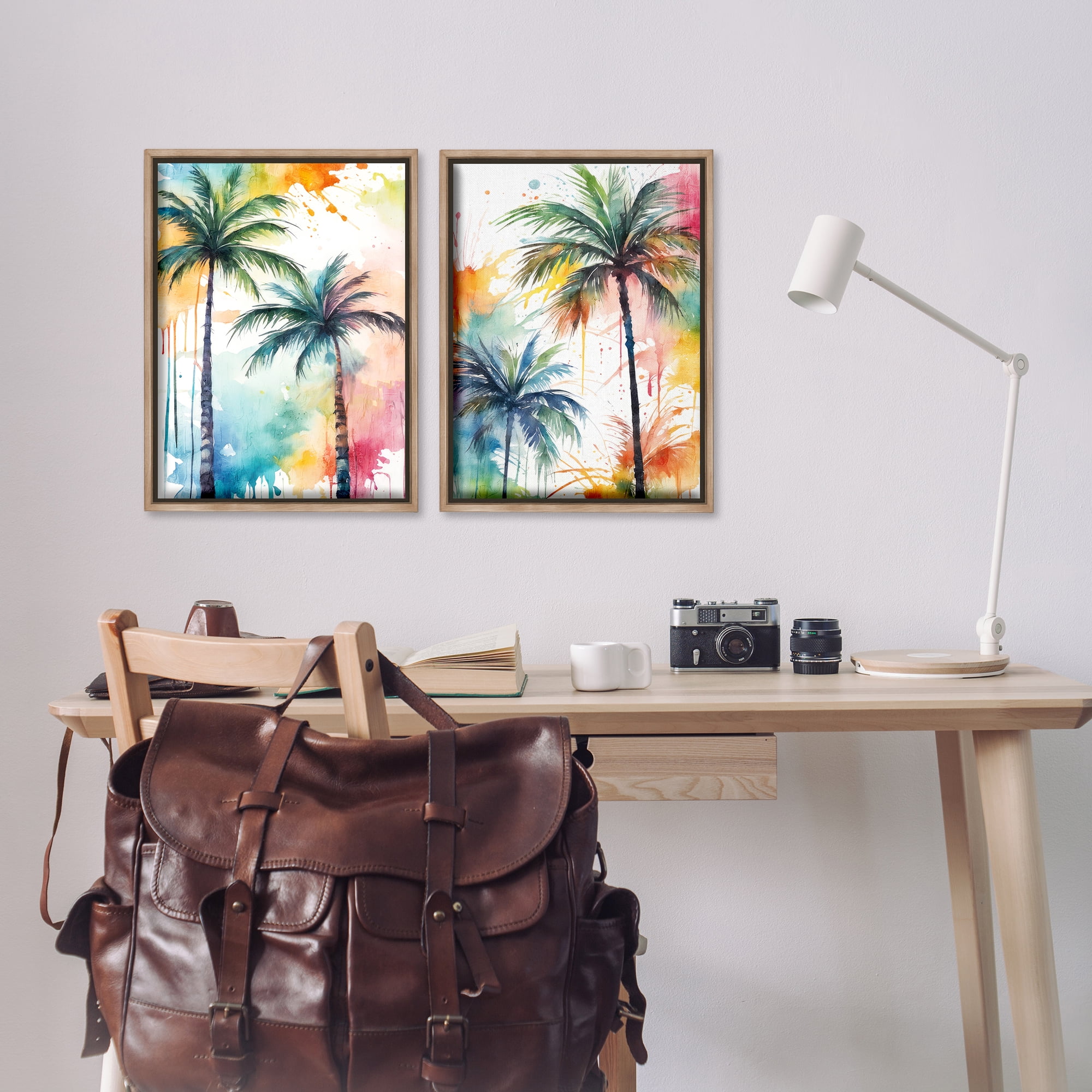 Stupell Industries Watercolor Splash Towering Palms Plants & Flowers Painting Brown Floater Framed Canvas Art Print Wall Art, 17 x 25, Set of 2