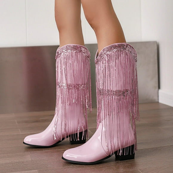 Amzcrzy Knee High Boots Women Women's Fashionable Casual Winter Style Knee-Length Solid Color Tassel Pointed Toe Leg Thick Heel High Heel Knee-High Boots Thigh High Boots Women's Boots