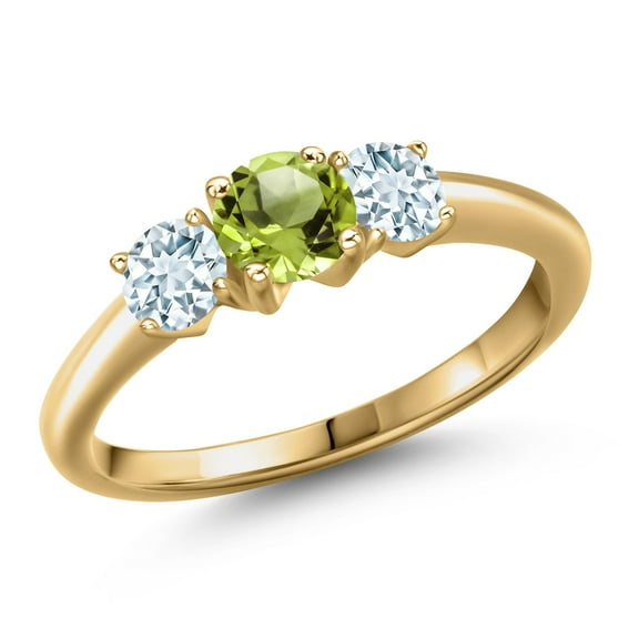 Gem Stone King 18K Yellow Gold Plated Silver Green Peridot and Sky Blue Aquamarine Engagement Ring for Women | 1.05 Cttw | Round 5MM | Gemstone August Birthstone | Size 9