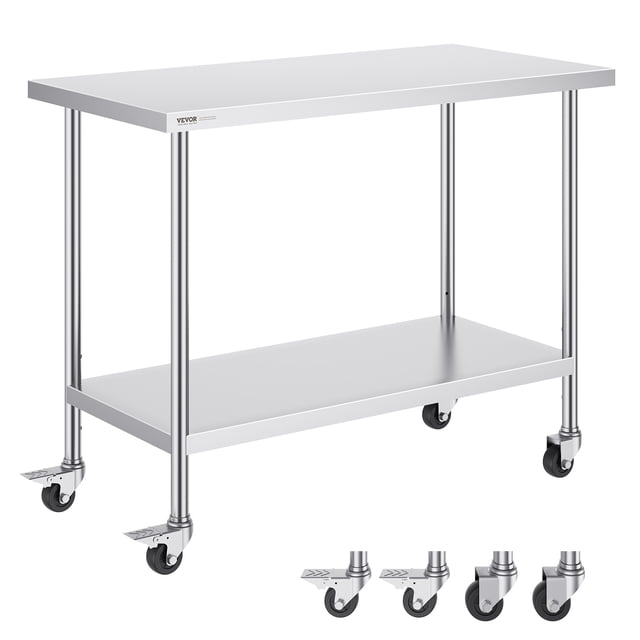VEVOR Table de Travail en Acier Inoxydable Table de Préparation Commerciale 24x48 Pouces avec 4 Roulettes