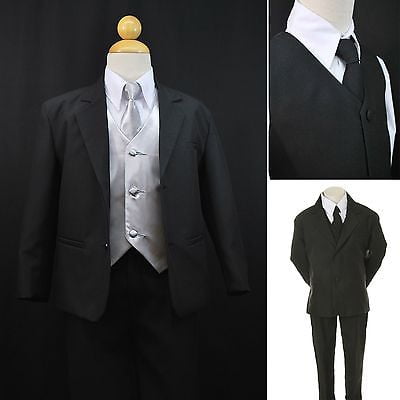 

Boys Formal Wedding Party Black 7pc Tuxedo Suits + Silver Vest Necktie Sets S-20