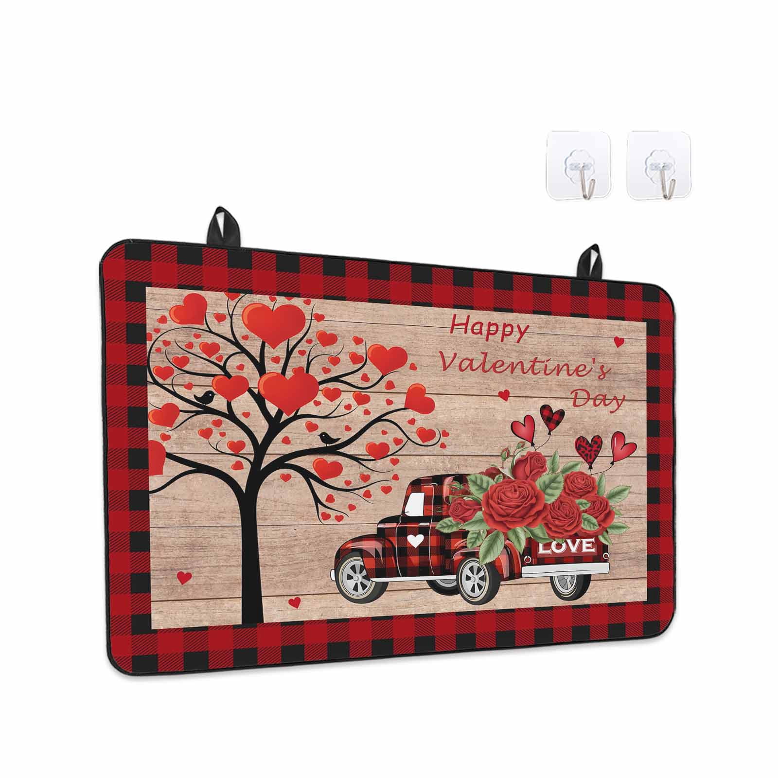 Roses Valentine's Day Stove Top Cover for Electric Stove, Heat-proof & Non Slip Glass Top Stove Cover Protector, Love Heart Truck Wooden Vintage Kitchen Flat Cooktop Rubber Mat 24x21 Inches