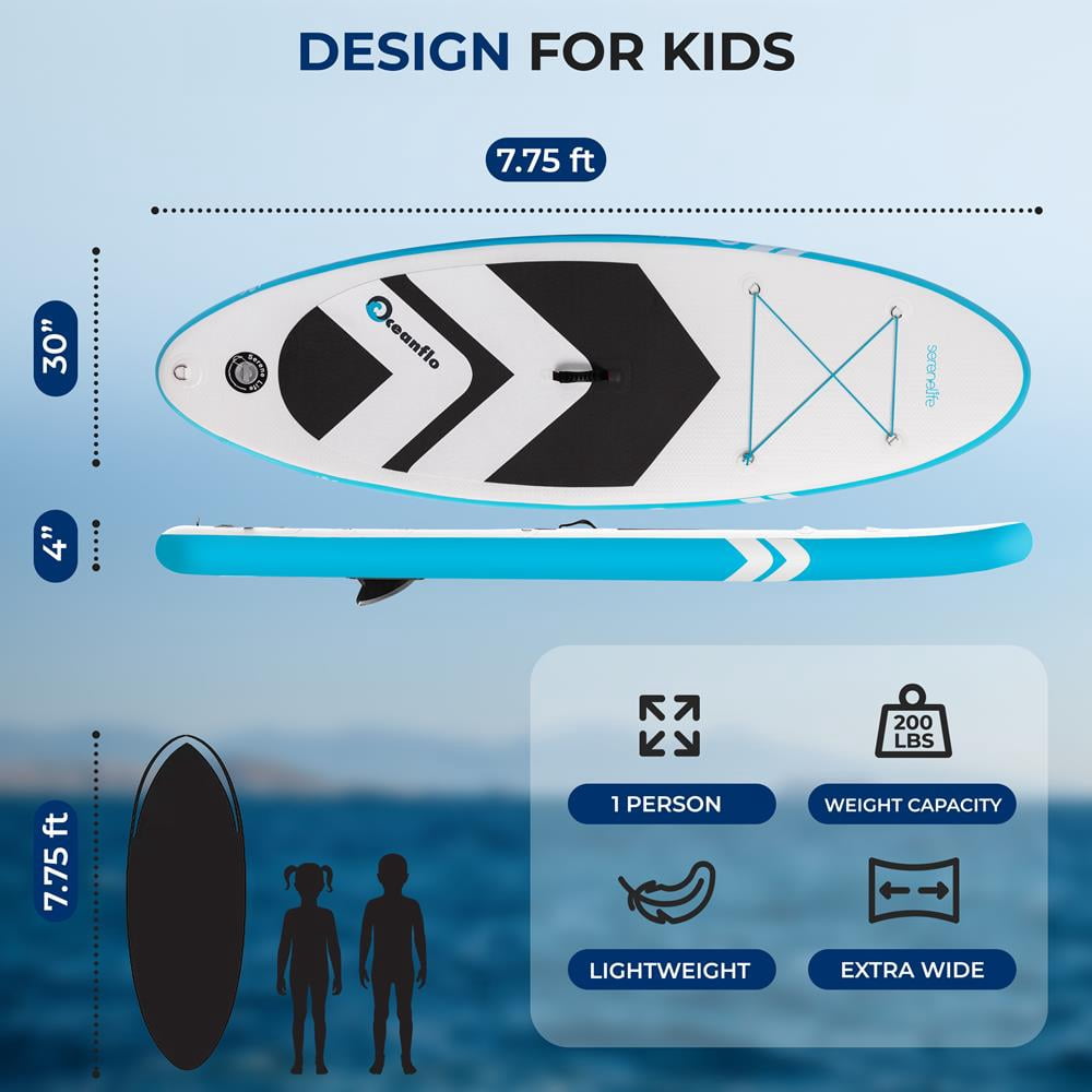 SereneLife 7'9" Kids Inflatable Stand Up Paddle Board - SUP for Youth with Single-Action Pump, Adjustable Paddle & Backpack - 30 Wide Stable Design with Non-Slip EVA Deck Pad, Ages 5+, 200lb Capacity