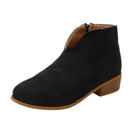 OJSFQUFP Womens Shoes Winter Warm Boots Womens Boots Heel Round Head Short Boots Womens Thin V Mouth Flat Solid Color Suede Boots Walking Boots Women Black 42