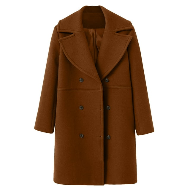 Heiheiup Women Winter Wool Blend Mid Long Coat Notch Double Lapel Jacket Outwear