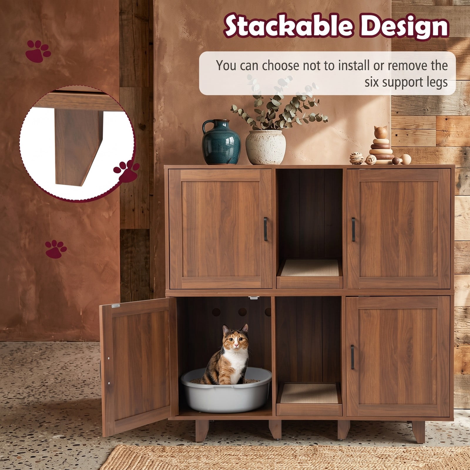 ALPULON Patented 2-Door Cat Litter Box Enclosure Hidden Cat House with Winding Entry, Scratching Board & Magnetic Doors, Wooden Cat Washroom Side Table TV Stand, Brown