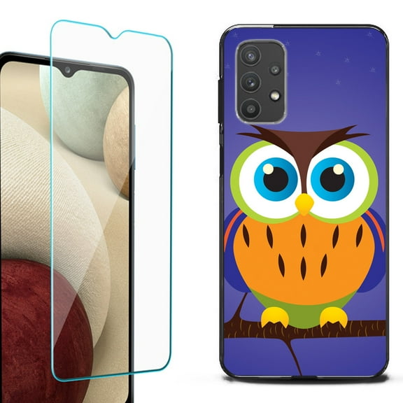 Slim-Fit Flexible TPU Gel Phone Case (black) for Samsung Galaxy A32 5G, with Tempered Glass Screen Protector, by OneToughShield ® - Night Owl