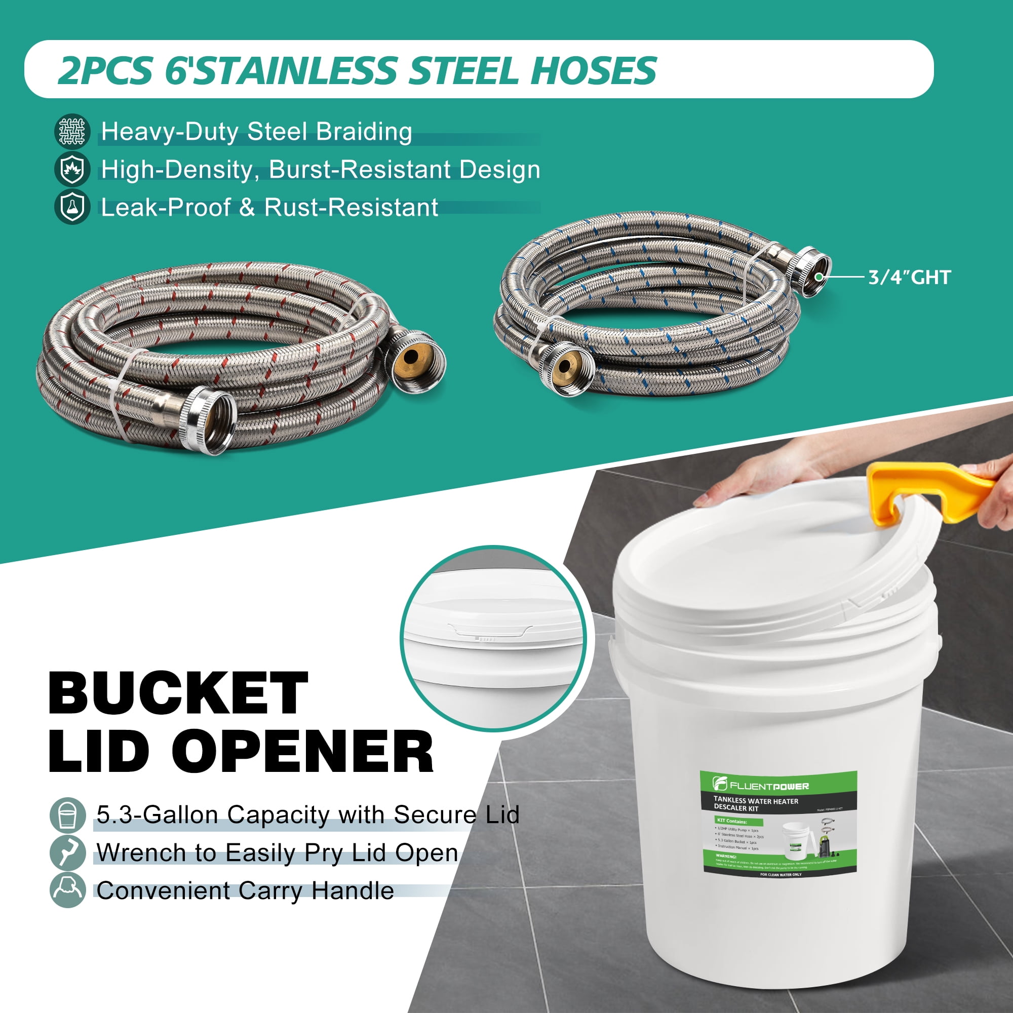 FLUENTPOWER Tankless Water Heater Descaling Flush Kit, Includes 1/2HP Submersible Utility Water Pump with Adapters, 5.3 Gallon Pail with Bucket Lid Opener, Two 3/4"GHT x 6' Stainless Steel Hoses