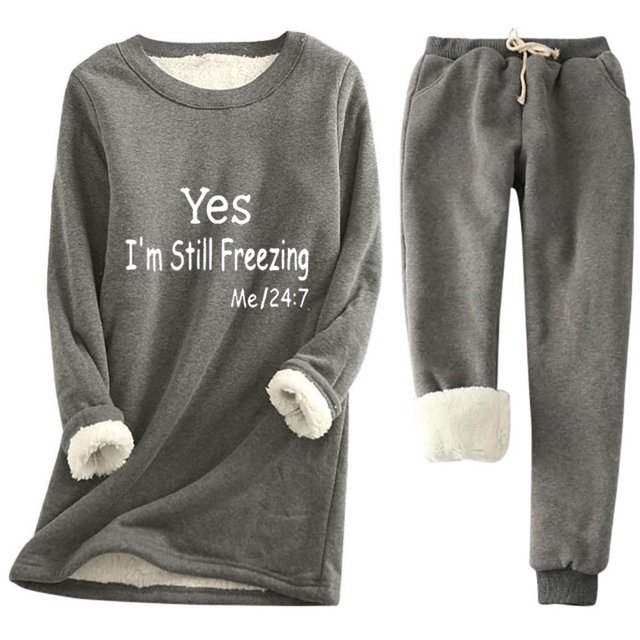 Haivin Two-Piece Fleece Set for Woman, Solid Color Print Long Sleeve Round Neck Thermal Top and Drawstring Pocket Pants, Warm for Winter and Daily Wear