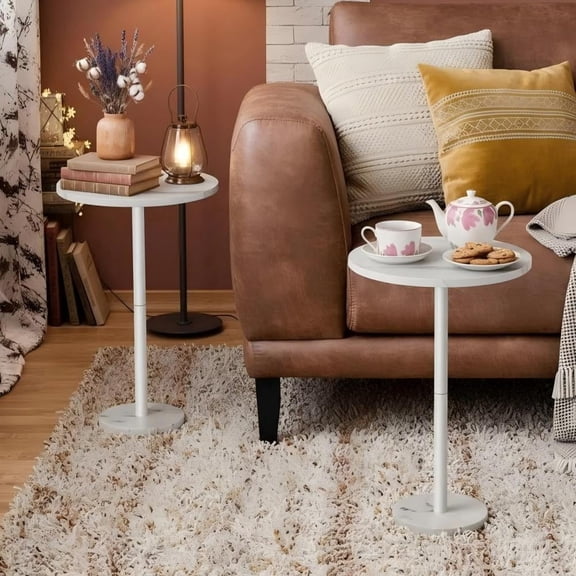 2 pcs Small Round Side Table, White Pedestal Table with Marble Base for Small Spaces, Drink Table, Martini Table for Sofa Couch Chair Patio
