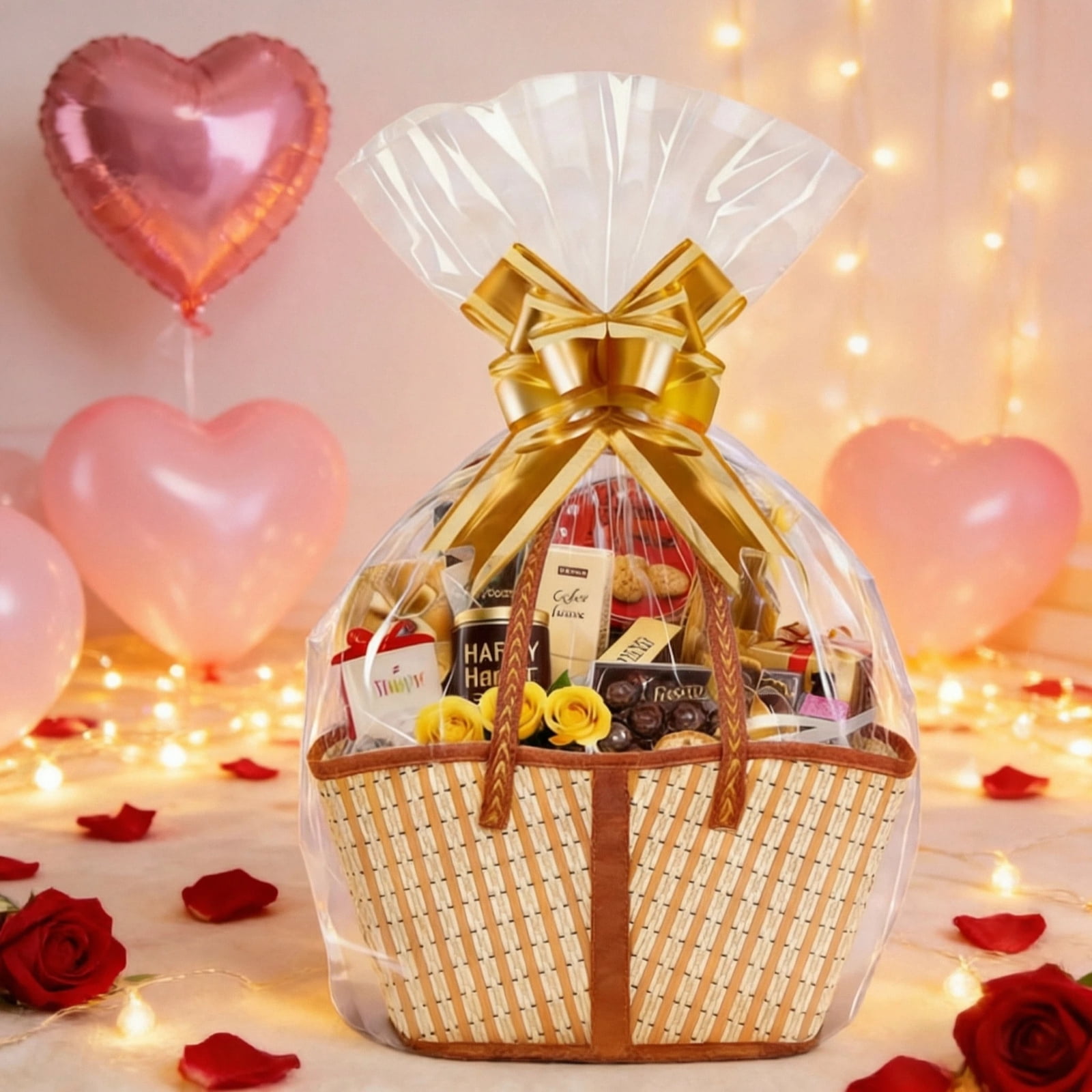 Forautely 6-Pack Large Foldable Bamboo Gift Baskets with Handles – Extra Big DIY Woven Set with Cellophane Bags, Bows, Cards for Mother's Day, Wedding, Easter, Birthday, Christmas
