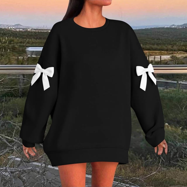 Timegard Chandails en Molleton Grande Taille pour Femmes Col Rond Manches Longues Chandail Mignon Ample Nœud Papillon Hauts Surdimensionnés
