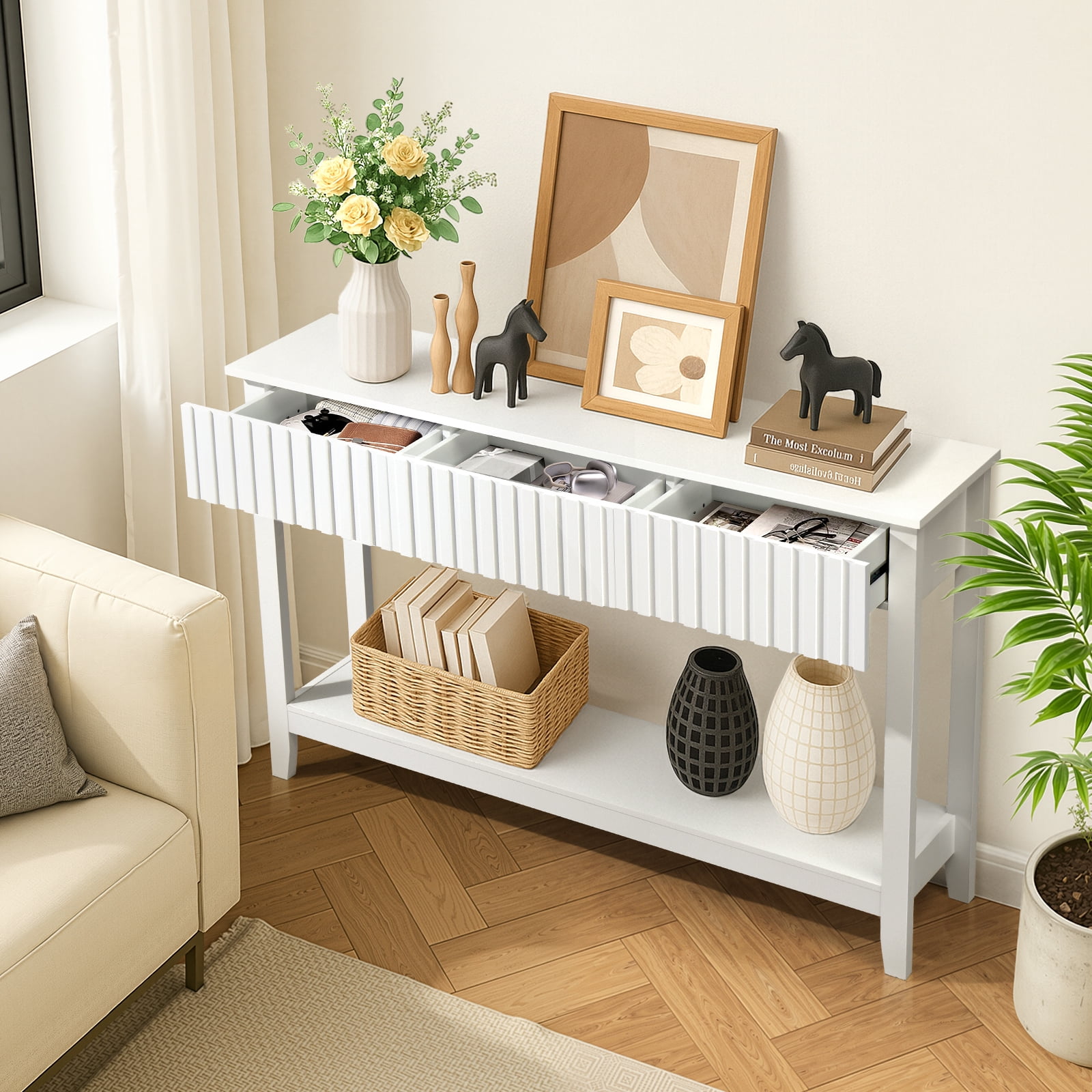 51in Modern Console Table with 3 Drawers Lower Shelf, Narrow Entryway Table Long Sofa Table Hallway Foyer Table Behind Couch Table White