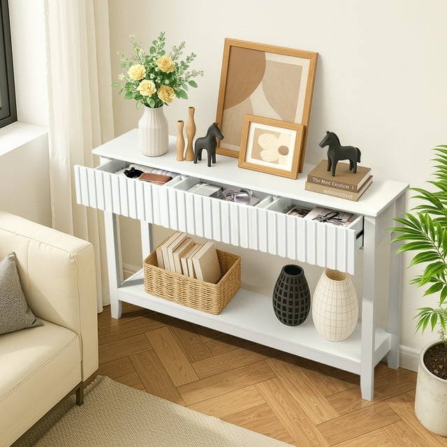 Ktaxon Modern Console Table with 3 Drawers and Open Storage Shelf, Entryway Table Narrow Long Sofa Table Hallway Foyer Table Behind Couch Table, White
