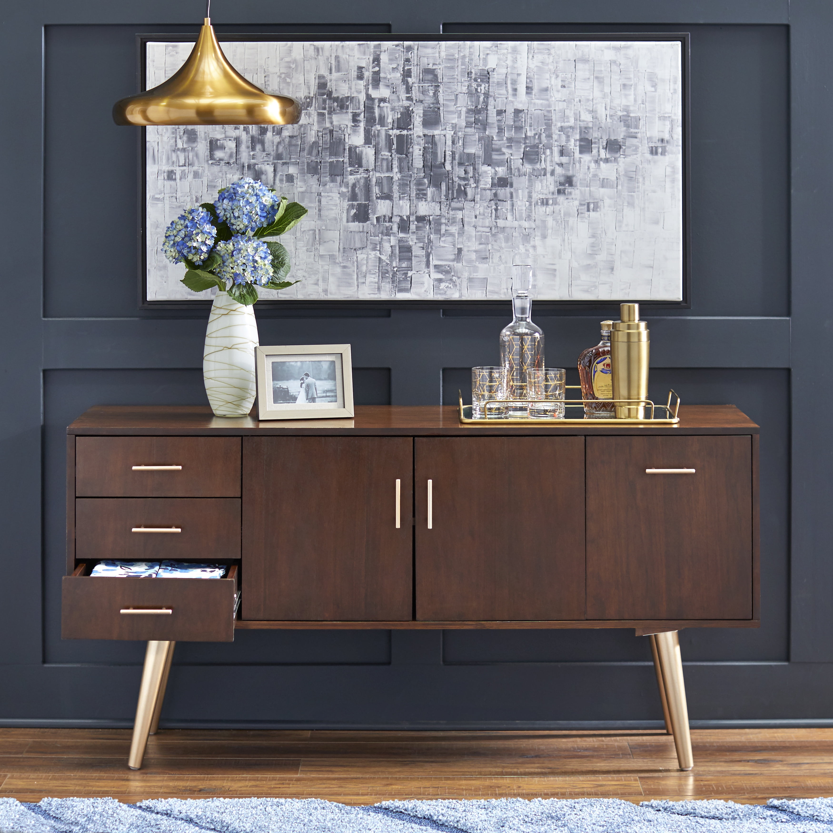 TMS Maura Mid-Century Modern 56” Wide Dining Room Sideboard Buffet, Walnut Finish