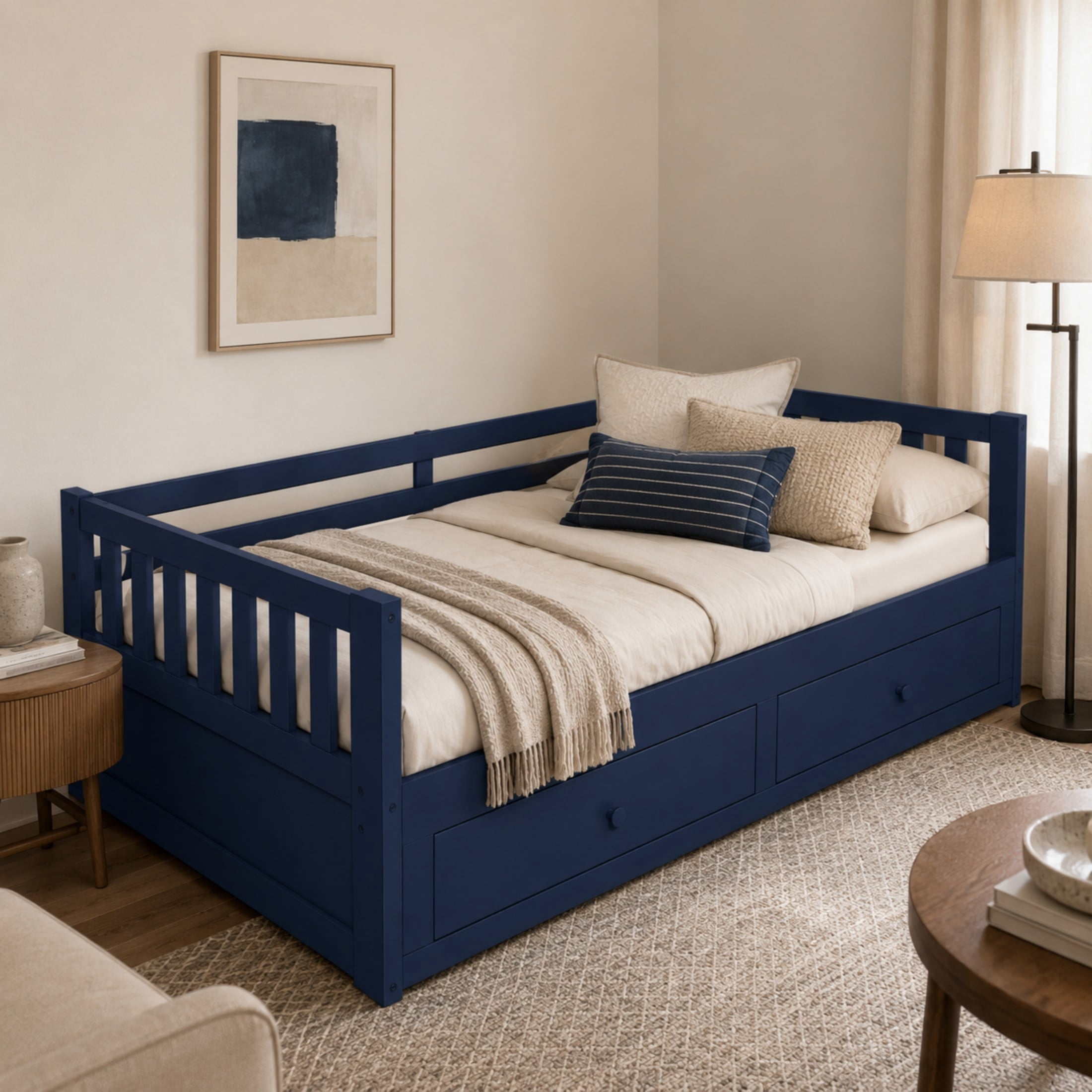 Noble House Twin to King Extendable Daybed with Pull-Out Trundle, 2 Drawers & Guardrails, Blue