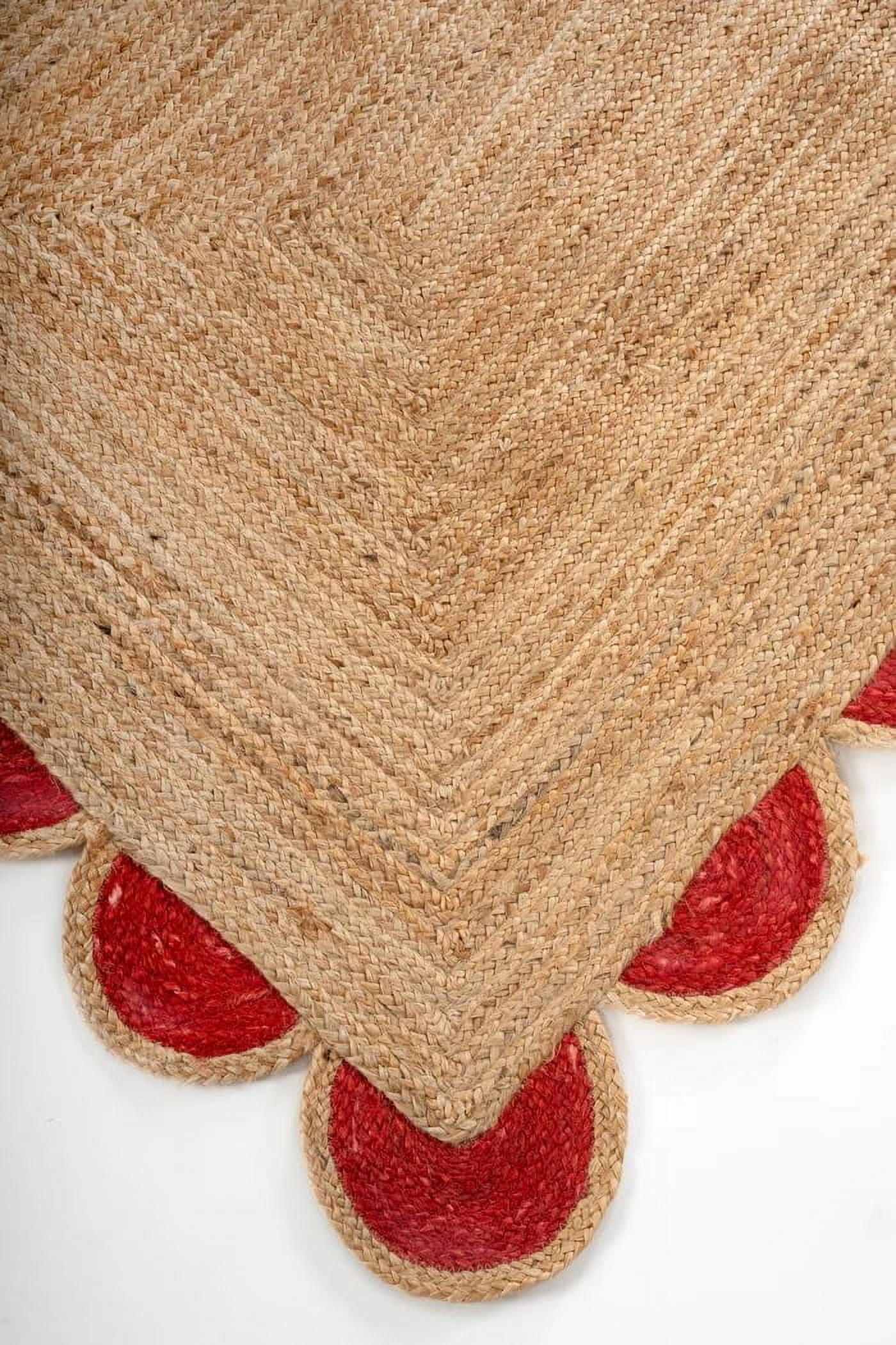 Handwoven Natural Jute Red Scalloped Rugs , Home Décor Jute Carpet 2.6 x 4 Feet ( 75 cm x 120 cm )Runner