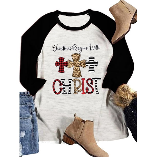 Worallymy Mujeres La Navidad COMIENZA Con CRISTO Carta Estampado a cuadros Manga larga Bloque de color Camiseta de Navidad Worallymy JD735800711