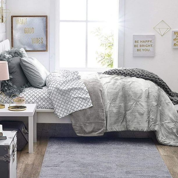 OCM College Dorm 7Piece Bedding Bundle in Printed Kiss Pleat, Gray