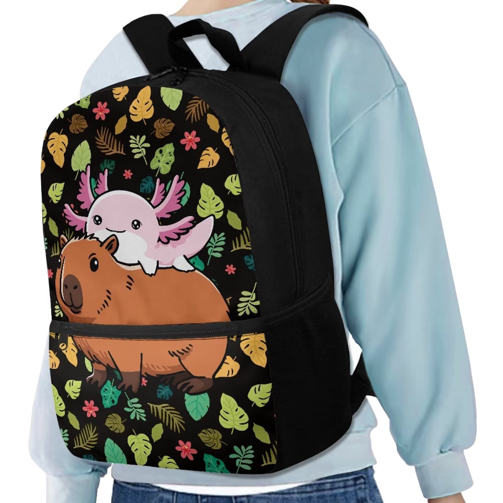 Mochila linda de ajolote para niñas de 6-8 años, mochila de capibara para primaria, con bolsillo frontal 4