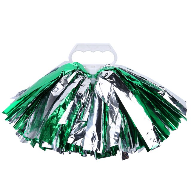 Pompones plateados y verde esmeralda brillantes que realzan el espíritu escolar para eventos de baile y deportes