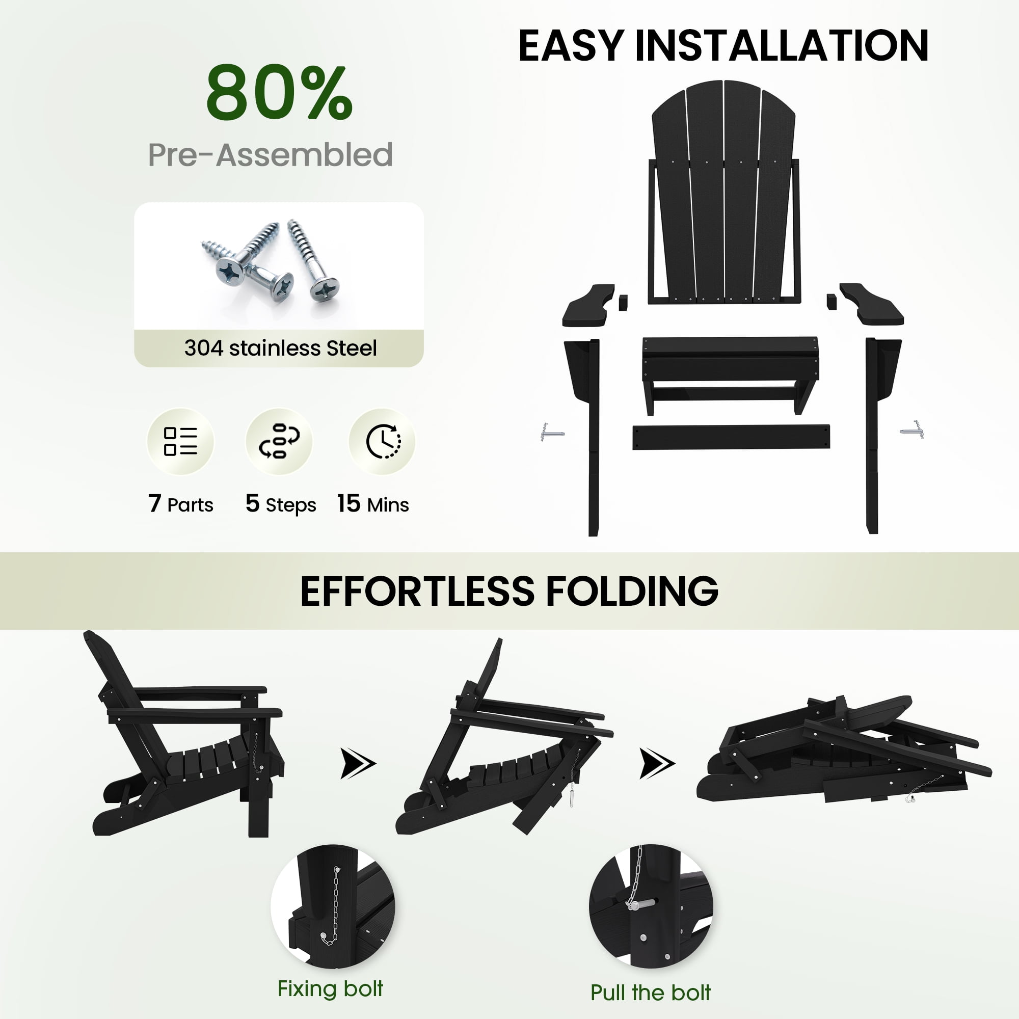 SERWALL Foldable Adirondack Chair Set of 4, Oversized All-Weather Outdoor Patio Chairs, HIPS Plastic Adirondack Chair for Garden Fire Pit - Black