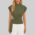 thumbnail image 2 of Women's Short Sleeve V Neck Fold Bandage Tops Shirts Blouses Crewneck Pullover Solid Color Casual Daily Wear Work Office Vacation Fashion Essential Gift for Ladies | CSEONE,Army Green L, 2 of 8