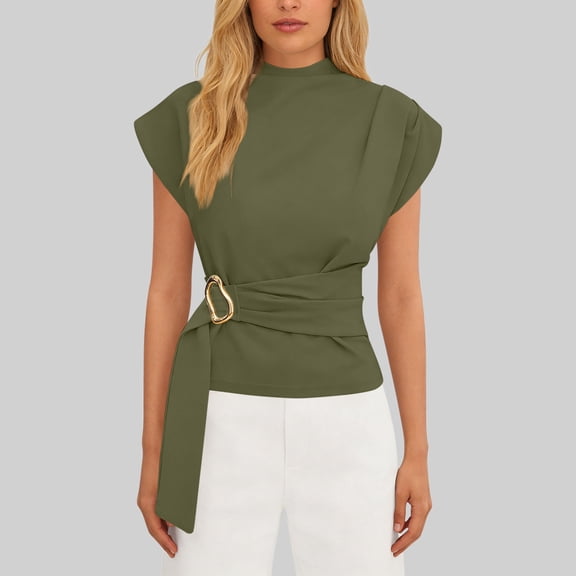 Women's Solid Color Crew Neck Short Sleeve Front Ruched Top