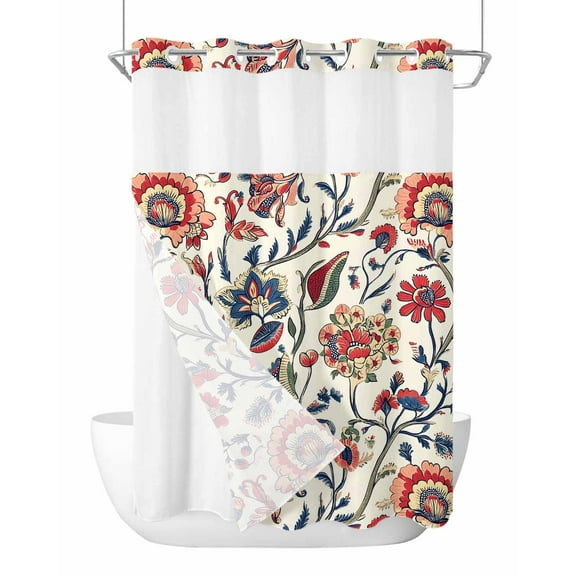 No Hook Shower Curtain with Snap-in Liner, Boho Flowers Waterproof Fabric Bathroom Curtains, Watercolor Red Orange Floral Branch Leaf Bath Curtains & Mesh Top Window 72"x96" Extra Long