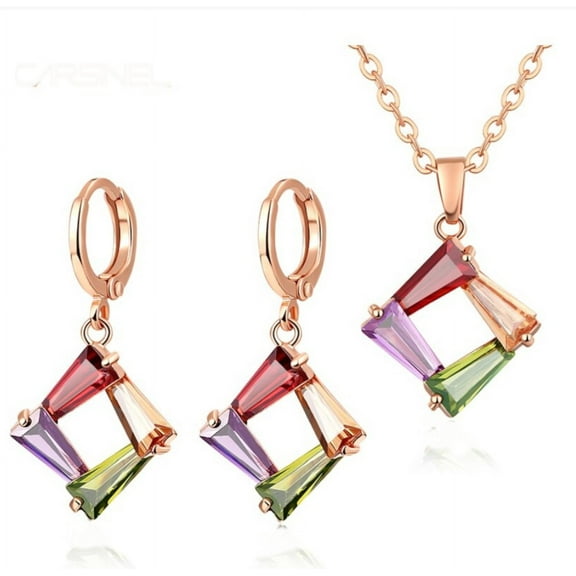 3 Piece Set Multicolor Crystal Open Square Earring Pendant Necklace Choker Jewelry-453