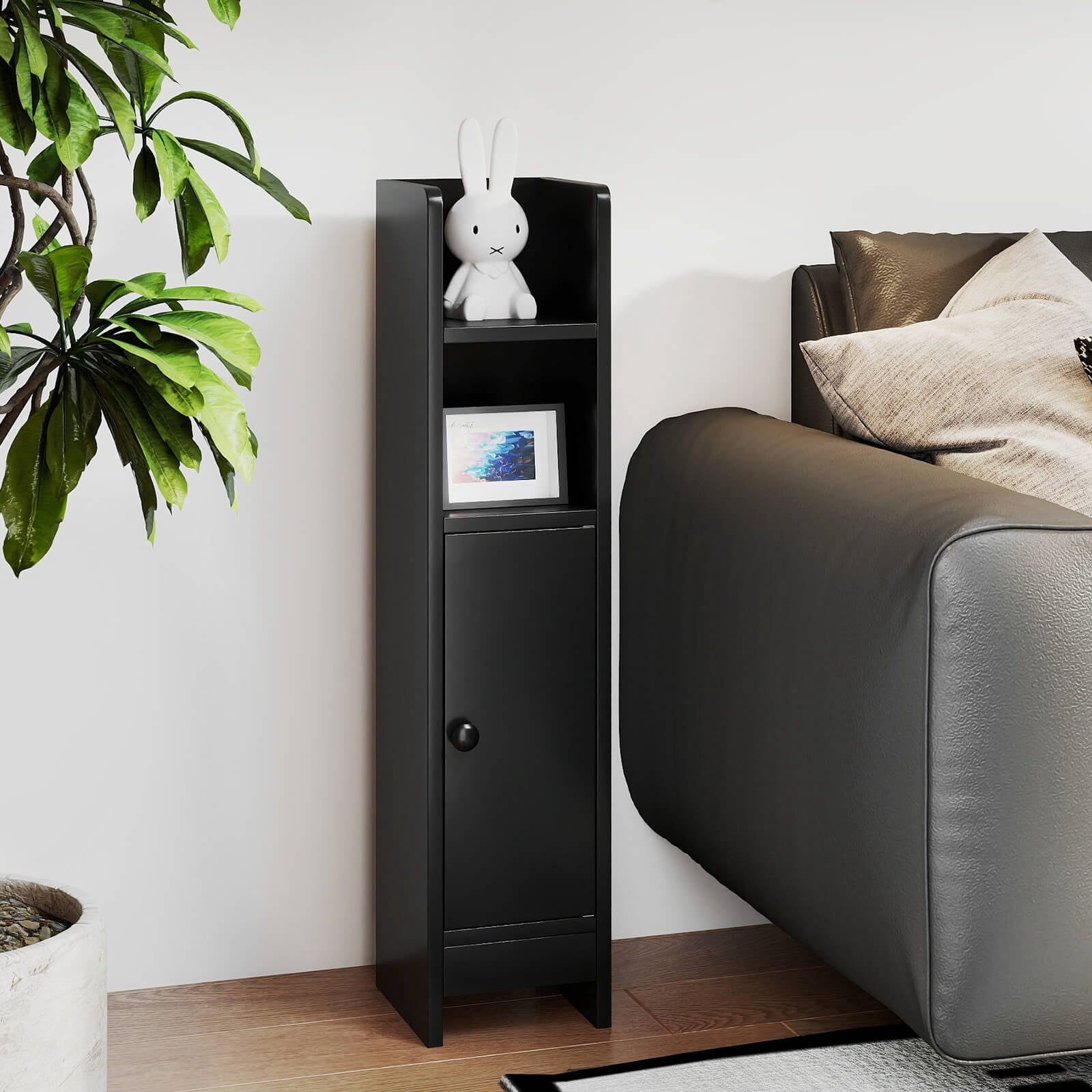 Costway Bathroom Storage Cabinet with Adjustable Shelf 1 Door & 2 Open Shelves Living Room Black