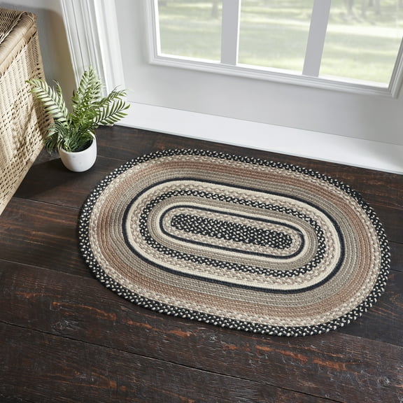 VHC Brand Sawyer Mill, Braided Jute Rug, Non-Skid Pad, Door Mat, Oval, Charcoal Creme, 24x36