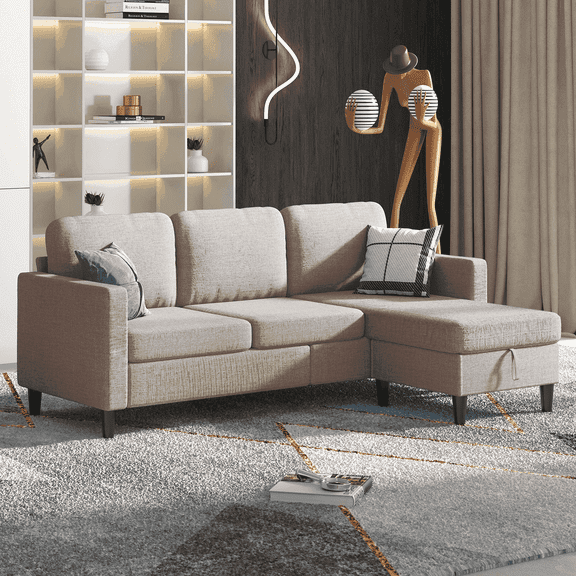PUREMIND Sectional Sofa with Movable Storage Ottoman, Small L-Shaped Sectional Couch for Living Room/Apartment/Small Space, Beige