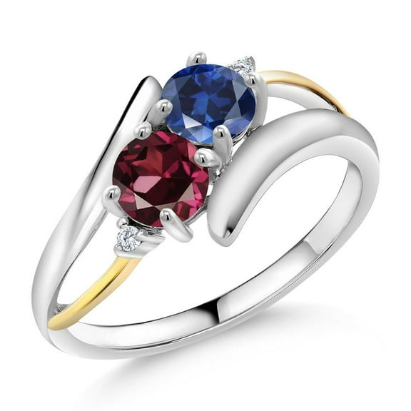 Gem Stone King 1.22 Ct Blue Created Sapphire Red Rhodolite Garnet 925 Silver and 10K Yellow Gold Lab Grown Diamond Two Stone Crossover Ring (Size 6)