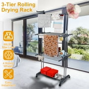 Foldable Drying Hanger, iMountek 3-Tier Foldable Rolling Drying Rack Laundry Clothes Storage Hanger with Dual Side Wings