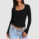 thumbnail image 2 of Tops ajustados para mujer: top corto de manga larga y cuello redondo, básico, ajustado, mezcla de poliéster, para entrenamiento/yoga/informal, tallas S-XL, 2 of 5