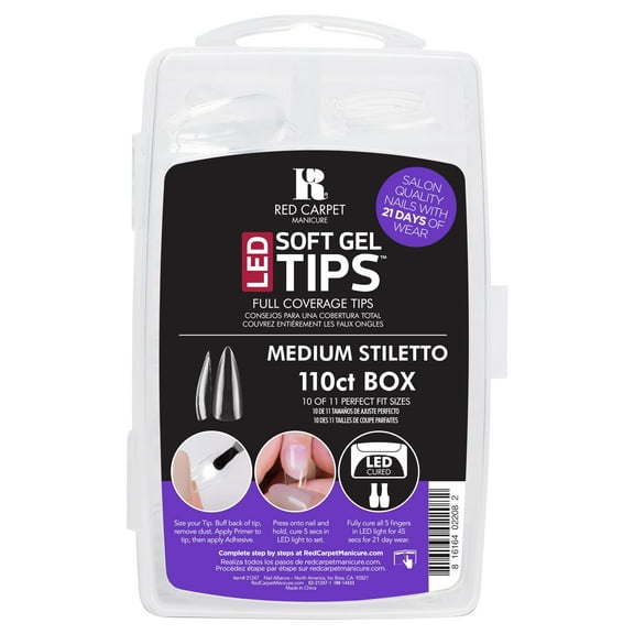 Red Carpet Manicure Soft Gel Tips - Full Coverage, Flexible, Break-Resistant, 21-Day Wear, UV/LED Cured Gel Adhesion for Natural Look (Medium Stiletto, 110 Count)