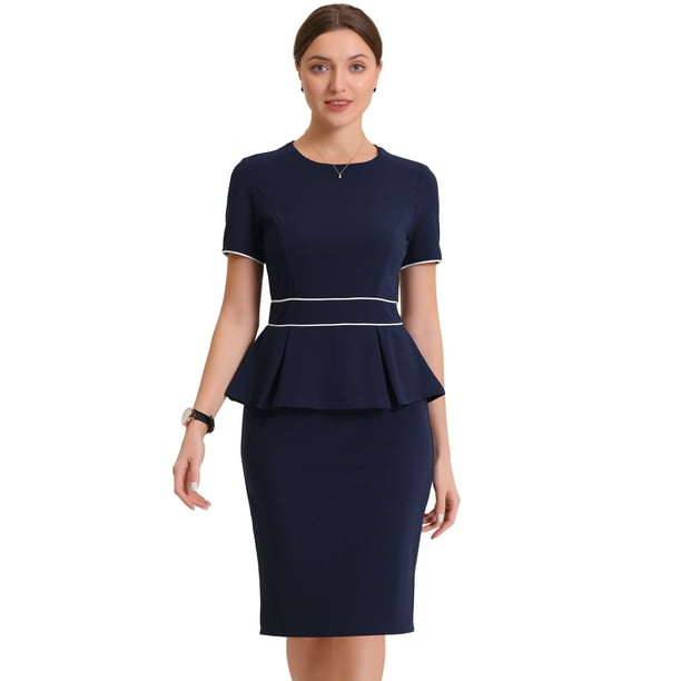 Vestido ajustado Allegra K de manga corta con ribete en contraste y cuello redondo Azul oscuro L