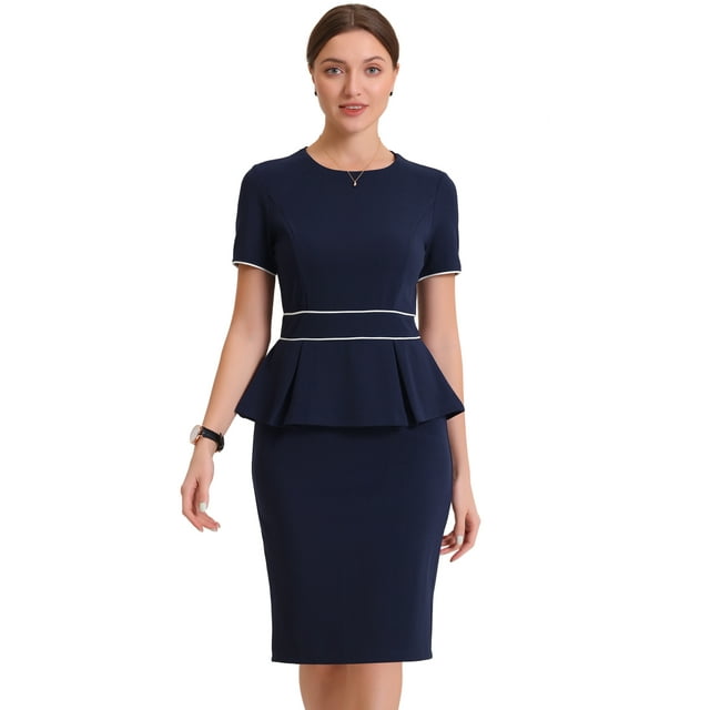 Vestido ajustado Allegra K de manga corta con ribete en contraste y cuello redondo Azul oscuro L
