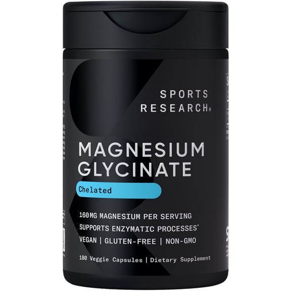 Sports Research® High Absorption Magnesium Glycinate 160mg Relaxation Muscle Nerve Support (180 Veggie Capsules)