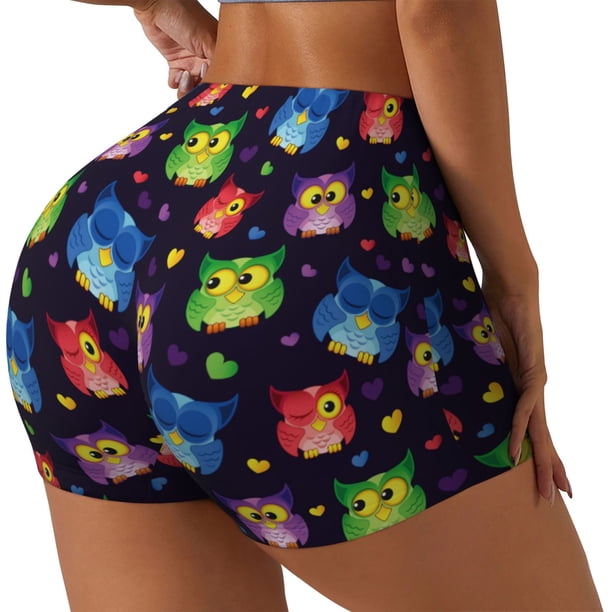 Balery Owls And Hearts Pantalones cortos de entrenamiento estampados para mujer, sin costuras, ajustados, para gimnasio, yoga, correr, deportes, ejercicio activo, fitness.-Small