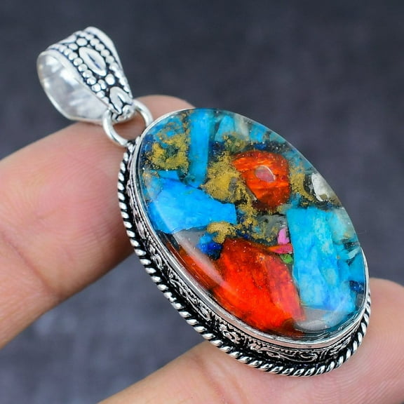 Natural Spiny Oyster Gemstone Handmade 925 Sterling Silver Pendant 2.05"