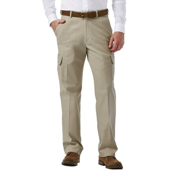 Haggar Men's Stretch Comfort Cargo Expandable Waist Classic Fit Plain Front Pant, Putty, 44x29