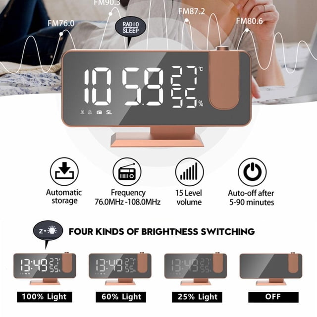 Reloj despertador digital Pantalla de temperatura Tiempo Espejo Superficie para maquillaje Modo de repetición electrónica Reloj de cabece - oro and rosa Macarena Despertador digital