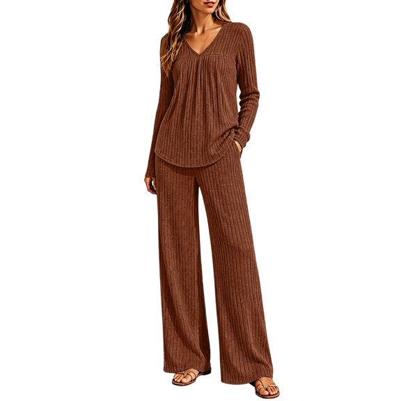 Cagogo Women's 2 Piece Outfit V Neck Long Sleeve Pullover Tops Wide Leg Pants Casual Set Solid Basic Lounge Sets Matching Tracksuits Travel Airport Clothes, Orange 2XL
