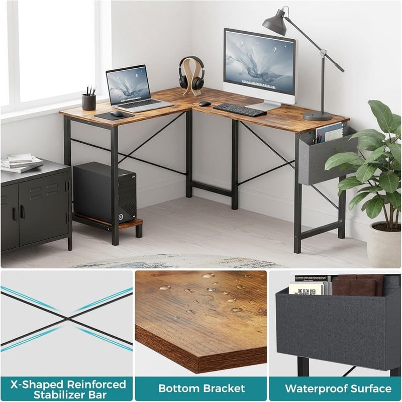 Kelno 50 Inch L Shaped Computer Desk Corner Desk with CPU Stand Side Storge Bag Study Writing Table, Rustic Brown