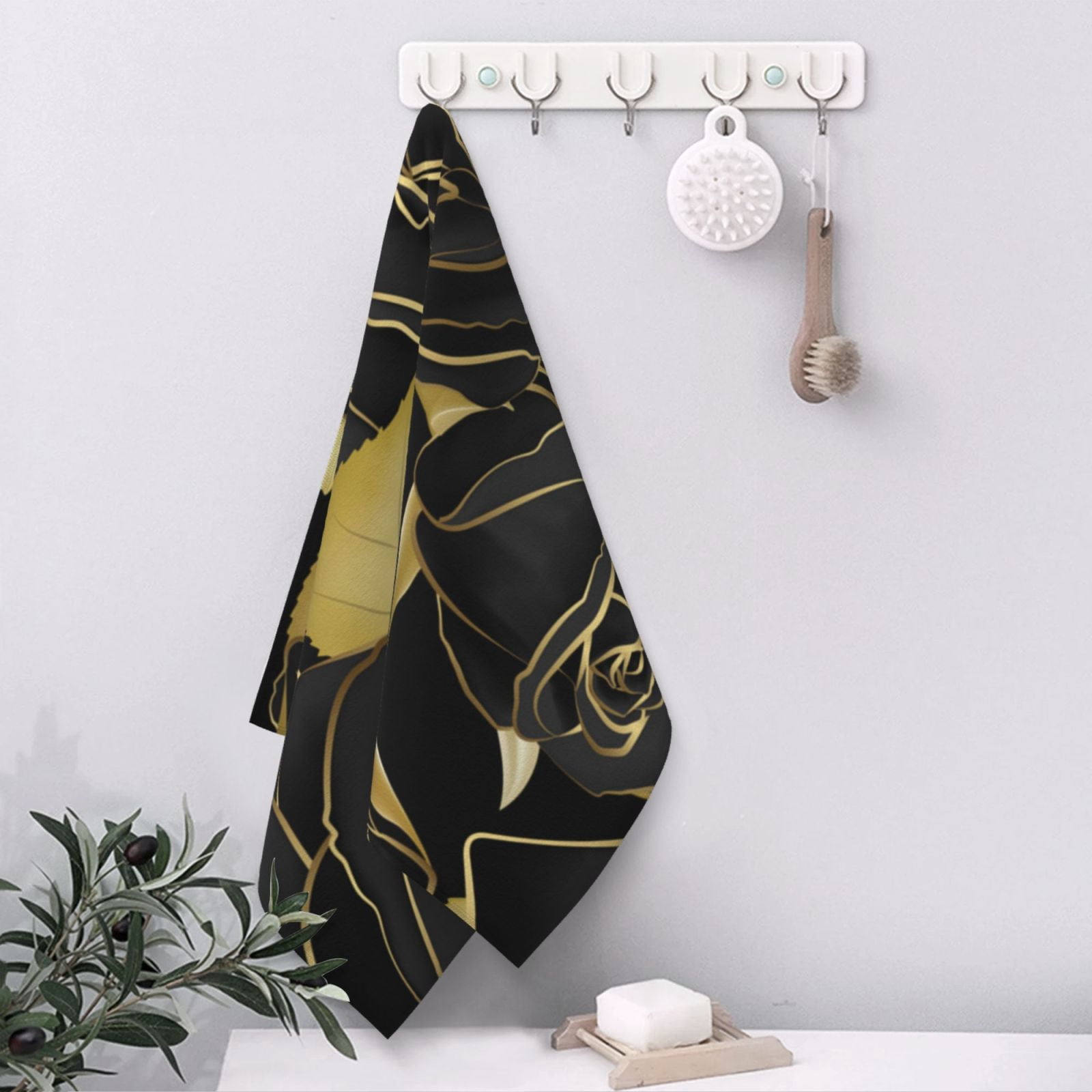 Roses Black And Golden Leaf Glitter 27.5" x 16" Ultra Soft Hand Towel, Face Wash Cloth for Bathroom, Gym, Travel, Pool