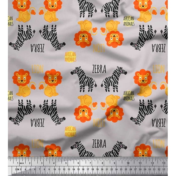 Soimoi Gray Poly Georgette Fabric Text,Wild Animal & Lion Kids Print Fabric by The Yard 42 Inch Wide