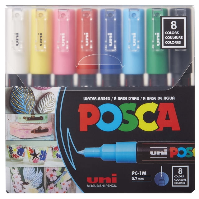 uni® POSCA PC-1M Water-Based Paint Markers, Extra Fine Tip (0.7mm), Assorted Colors, 8 Pack